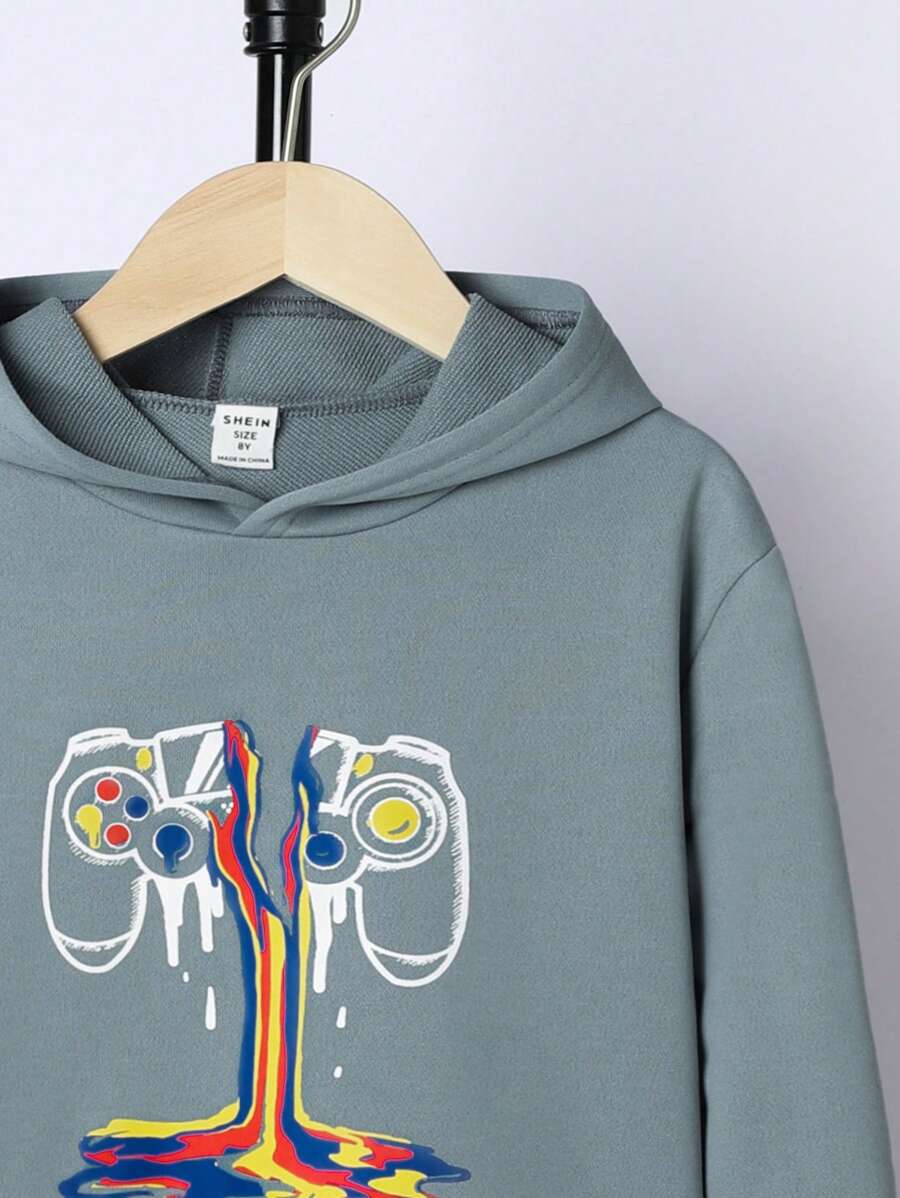 Sudadera con capucha y hombros caídos con estampado de gamepad para niño preadolescente