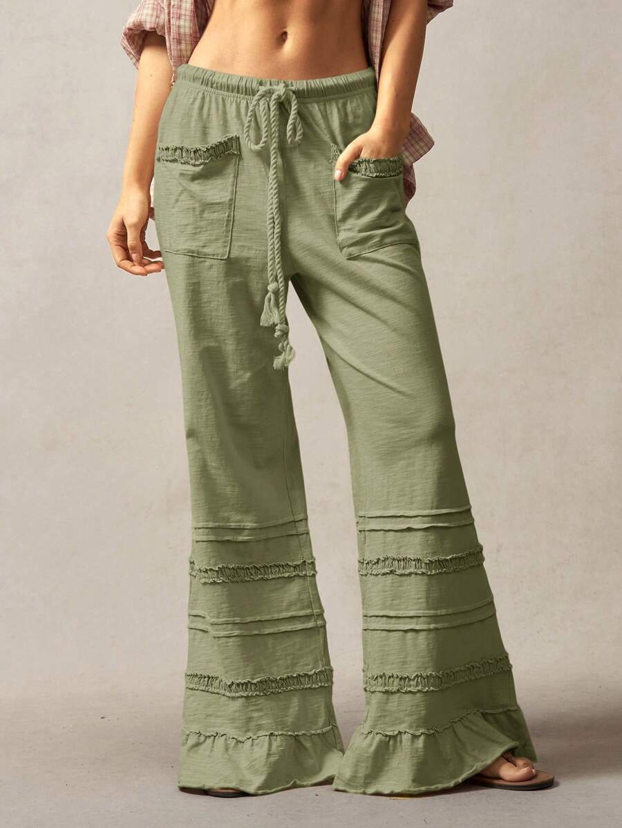 Pantalones de punto acampanados de cintura alta de color liso estilo bohemio Bohemela, primavera-verano