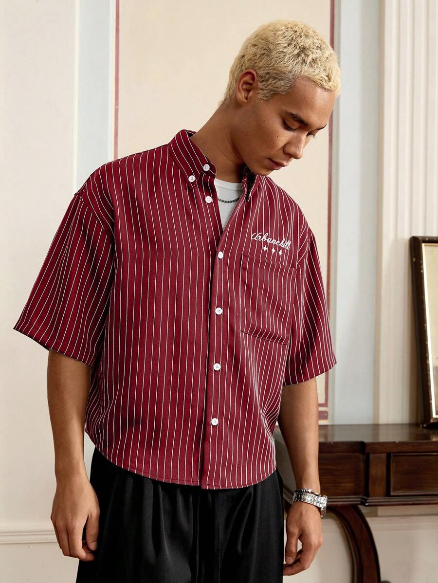 SWAVVY - Pantalones cortos casuales de rayas rojas y blancas de talla estándar para hombre, con camisa bordada holgada, para la escuela