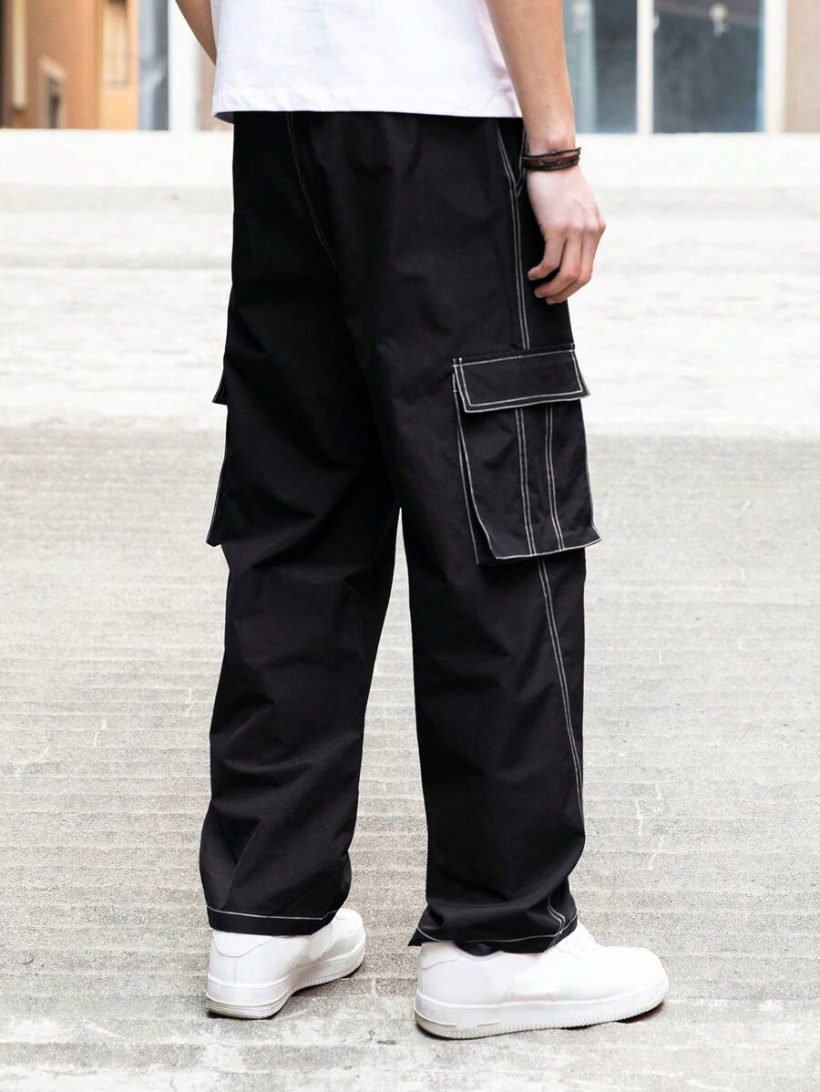 Pantalones cargo rectos Manfinity Hypemode para hombre, informales, con cordón y cintura ajustable, de pierna ancha.