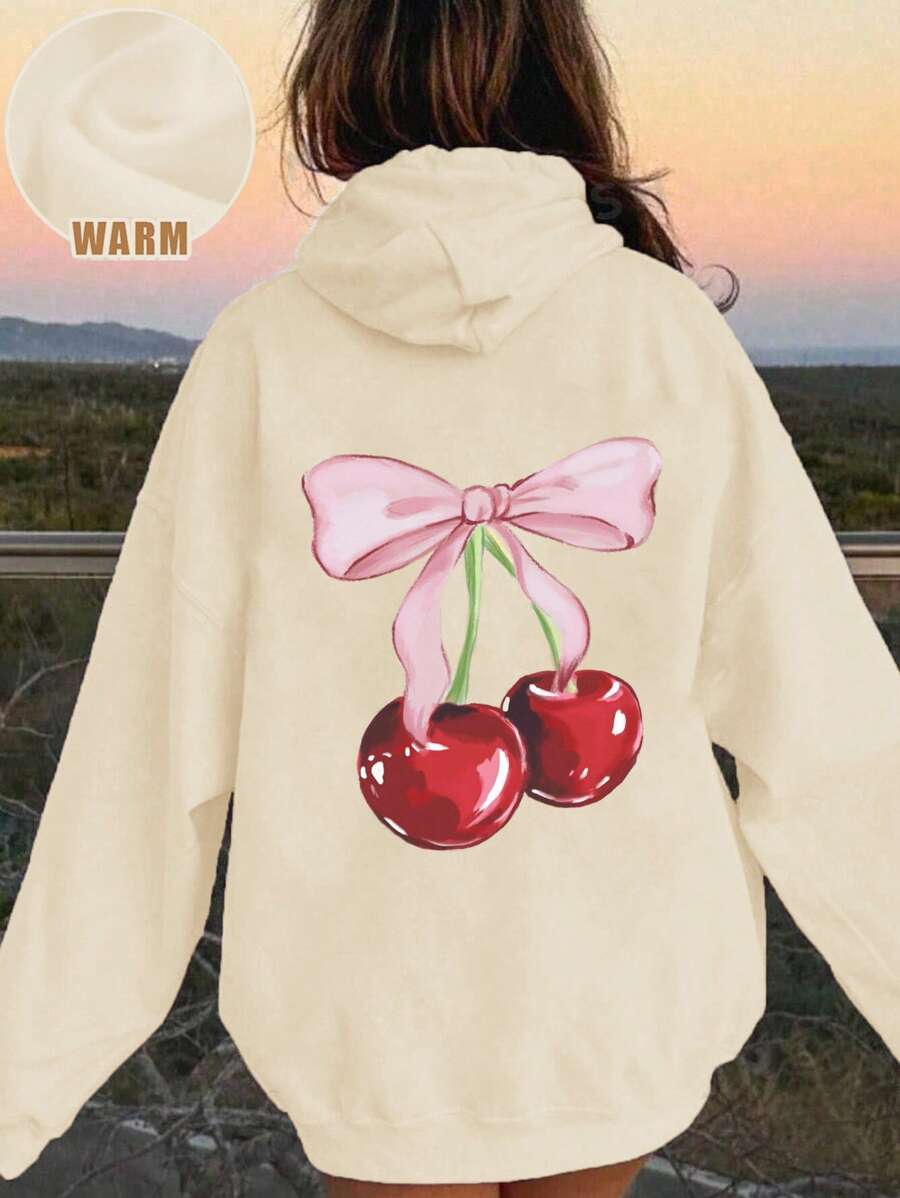 Sudadera con capucha informal de manga larga con estampado de cerezas para niñas preadolescentes, ideal para otoño e invierno.