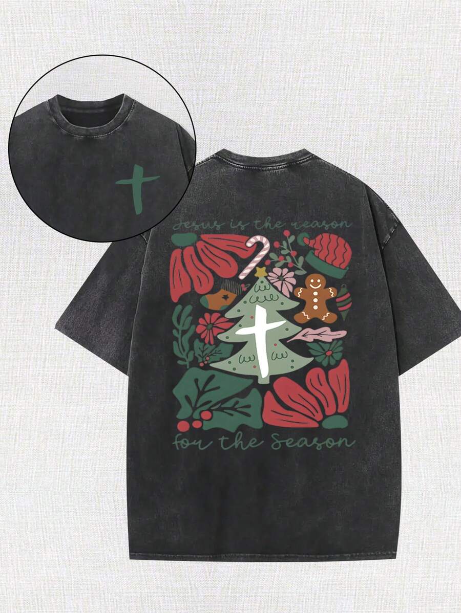 Camiseta retro lavada para hombre, con el estampado de Jesús esta temporada, sencilla y versátil, moda urbana, estilo novedoso, camiseta de cuello redondo de algodón puro.
