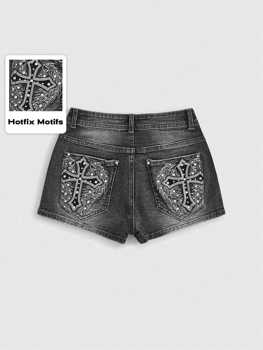 ROMWE Pantalones cortos vaqueros con bordado de cruz y diamantes de imitación para mujer, estilo grunge punk, estilo Gyaru, estilo retro de verano, para la escuela