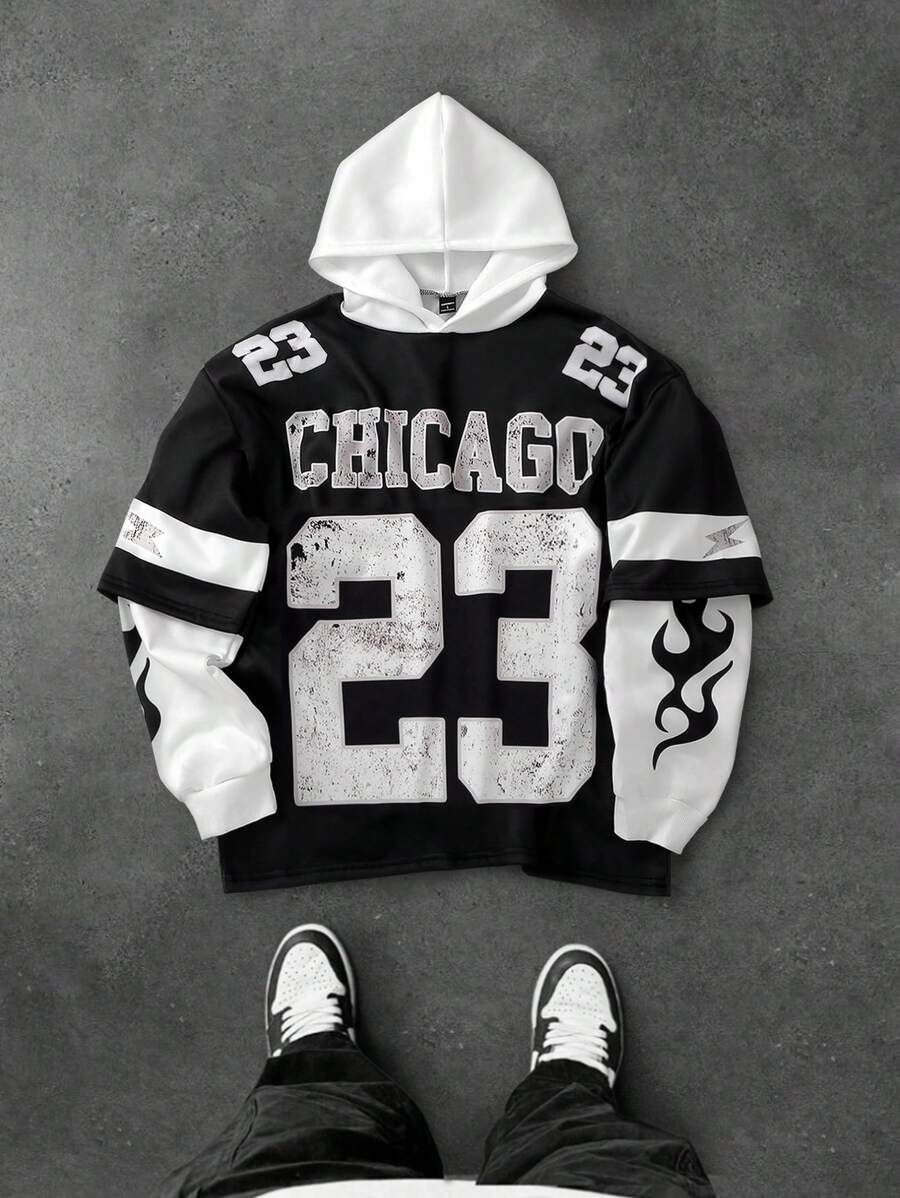 Sudadera con capucha Manfinity Sportsity para hombre, estilo universitario, con diseño desgastado y contrastante, con letras Chicago vintage