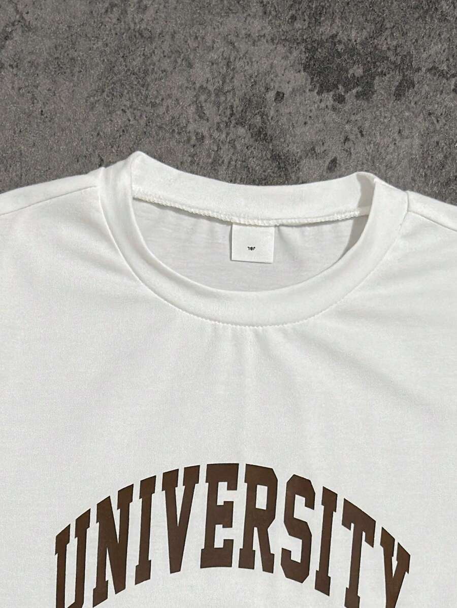 Conjunto informal de 2 piezas para niño: camiseta holgada de manga corta con estampado de letras y pantalones cortos deportivos holgados con estampado de arce, verano