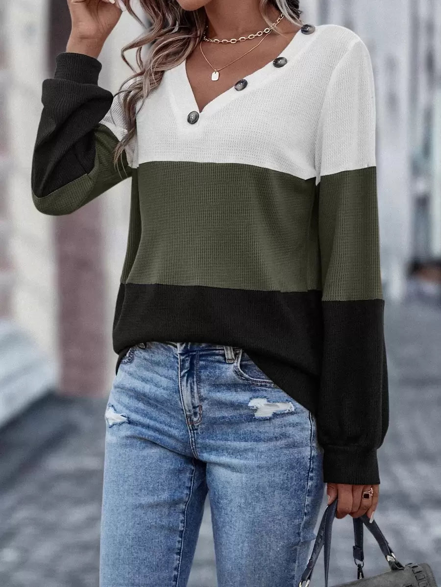 Sudadera EMERY ROSE con botones y bloques de color. Camiseta de manga larga para graduación y regreso a clases. Conjuntos para maestras.