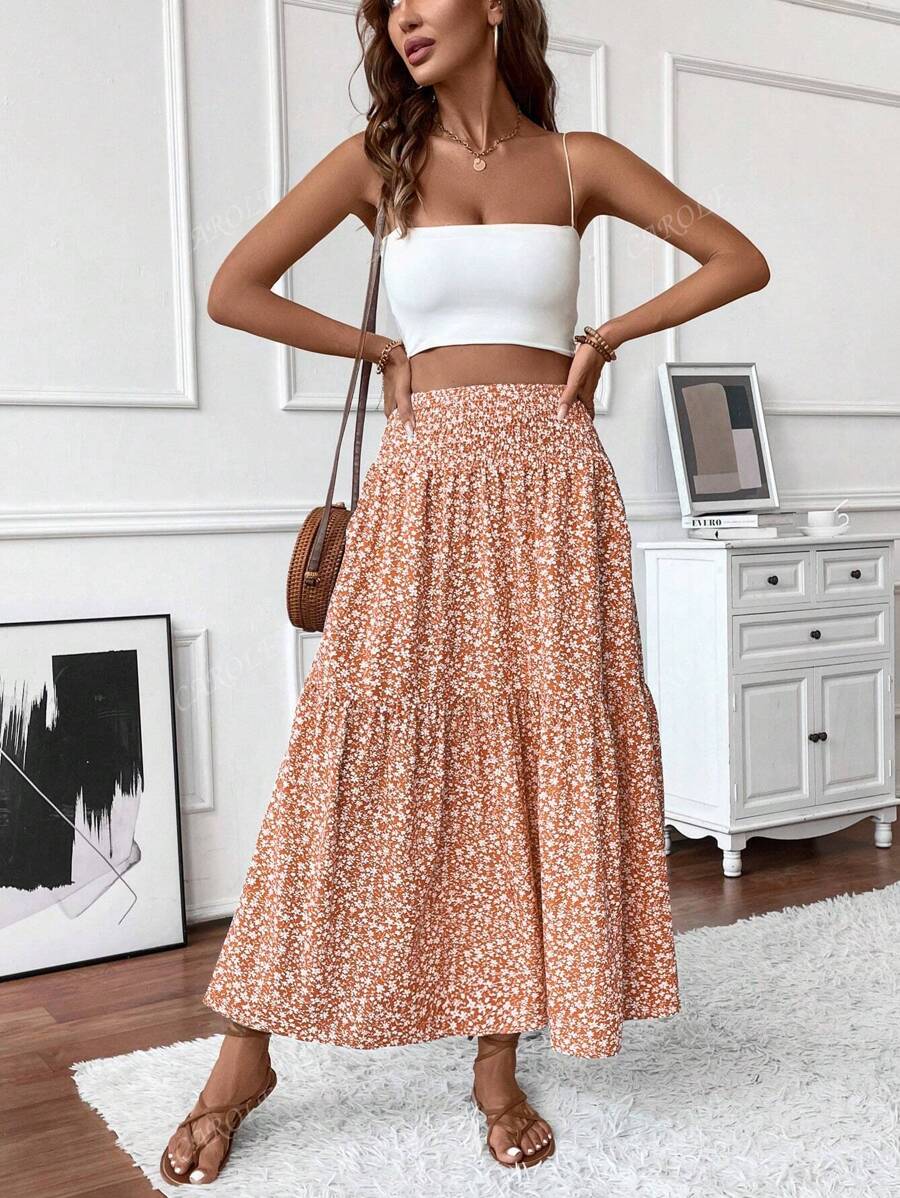 Falda larga informal con estampado floral diminuto para mujer, cintura elástica, bolsillos y bajo con volantes, corte A para verano