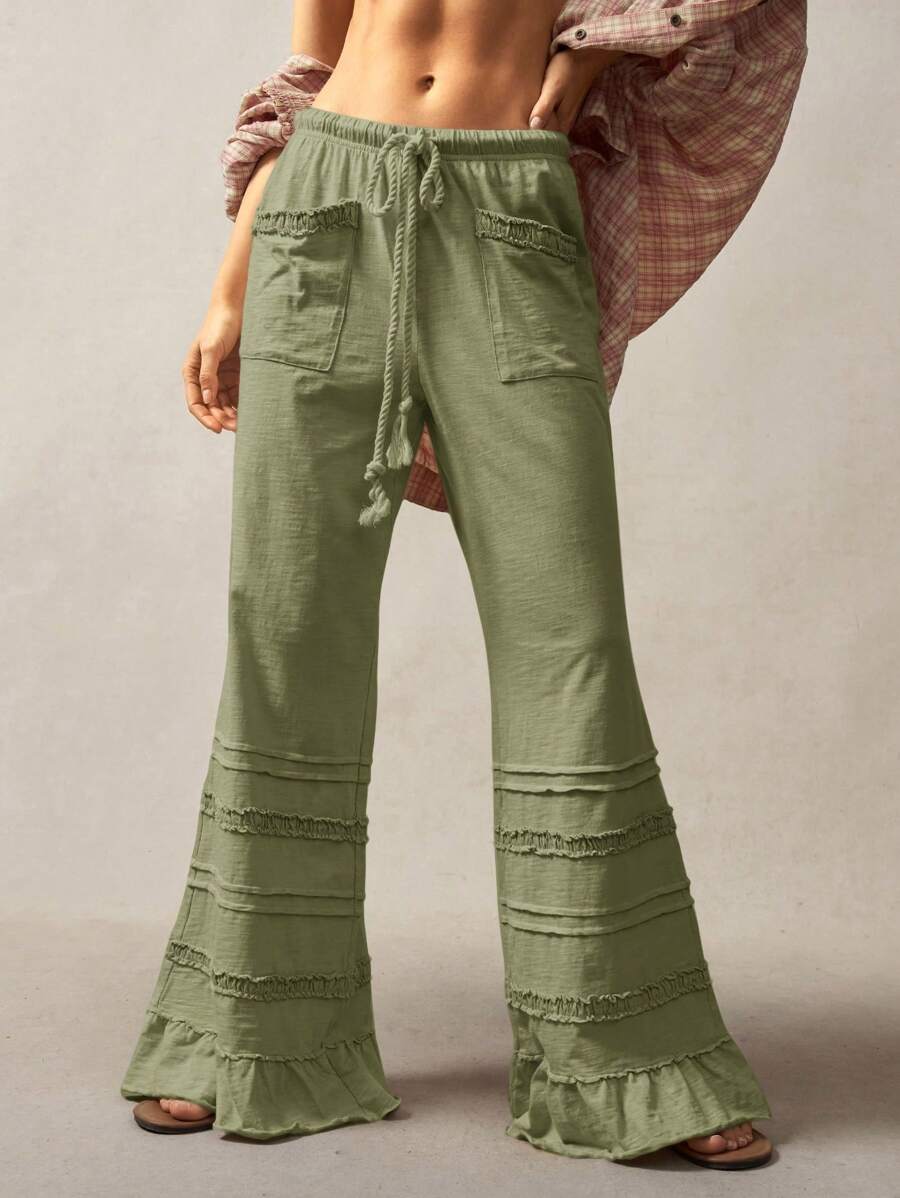 Pantalones de punto acampanados de cintura alta de color liso estilo bohemio Bohemela, primavera-verano