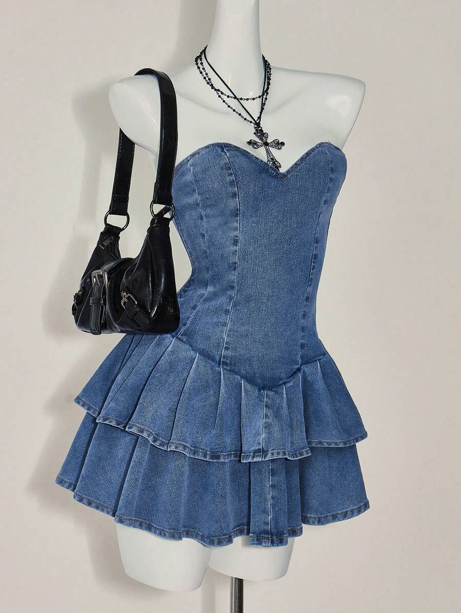 Vestido tubo vaquero con volantes en el bajo para mujer de ICON