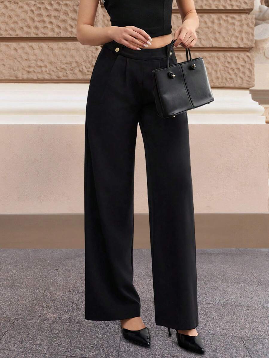Pantalones EURMUSE de pierna ancha con diseño detallado de botones de color liso para mujer