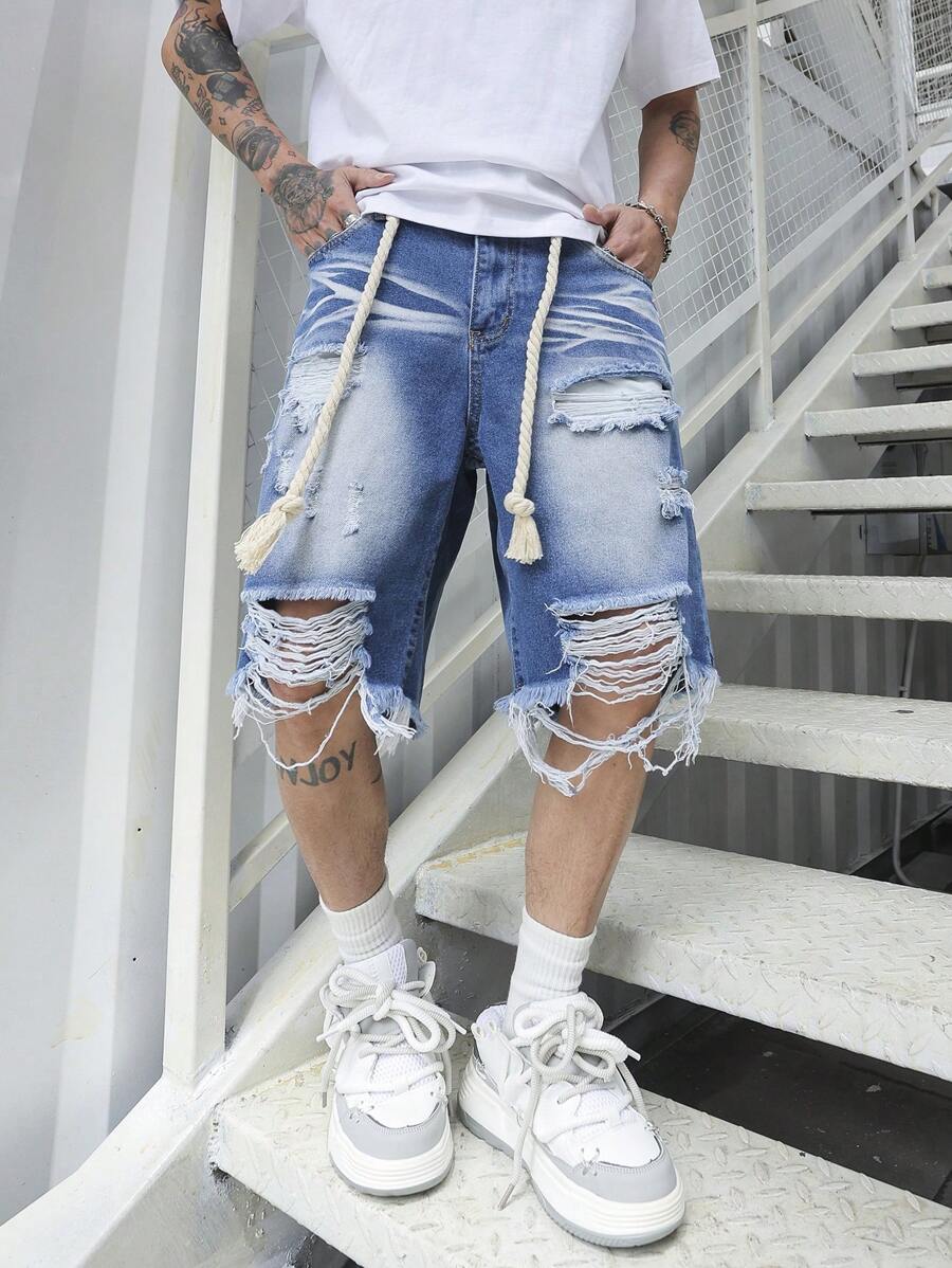 Pantalones cortos vaqueros Manfinity EMRG de algodón para hombre, deshilachados y con dobladillo sin rematar