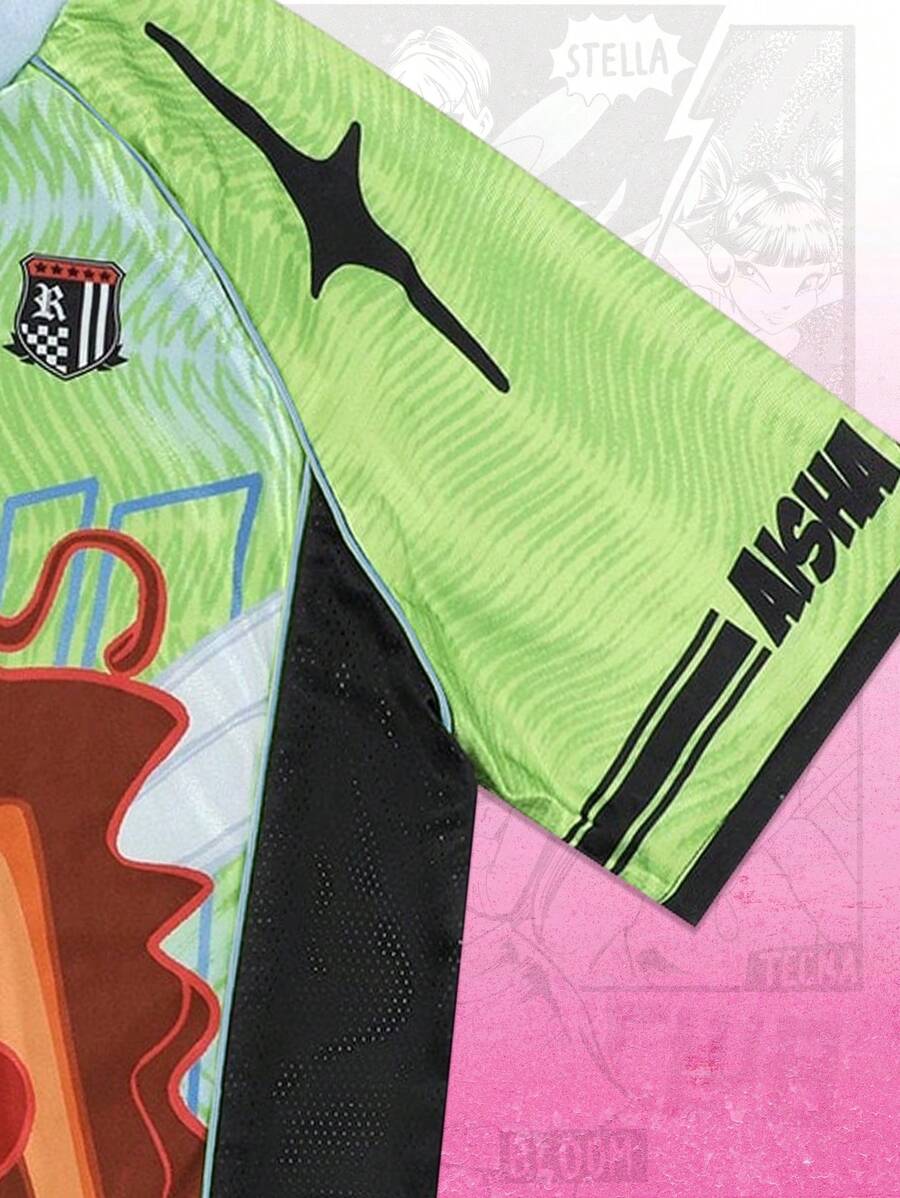 ROMWE MEN Winx Club X ROMWE - Camiseta deportiva de manga corta con diseño de anime y bloques de color, malla y gráfico, para hombre