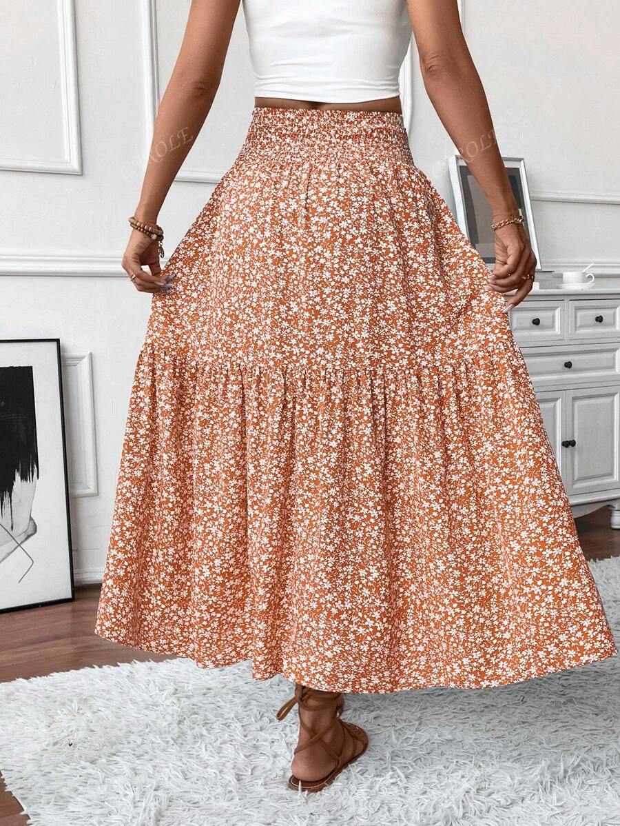 Falda larga informal con estampado floral diminuto para mujer, cintura elástica, bolsillos y bajo con volantes, corte A para verano