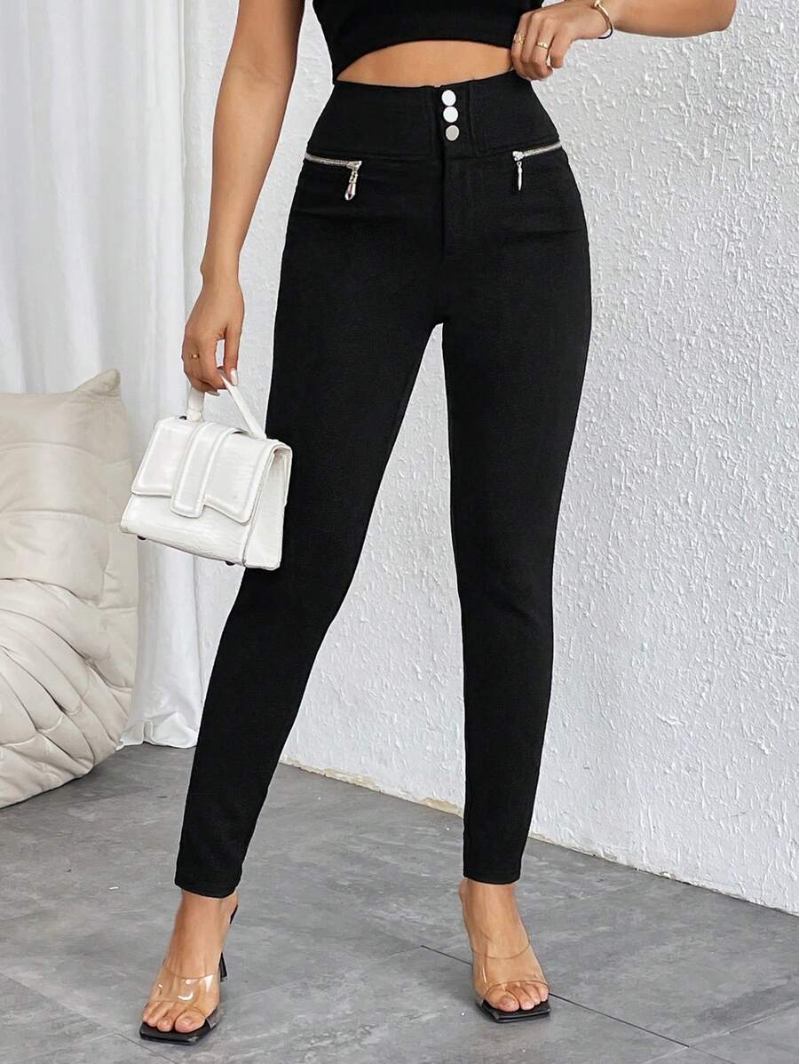 Pantalones casuales ajustados de cintura alta con cremallera y botones frontales de color liso para mujer de Firerie