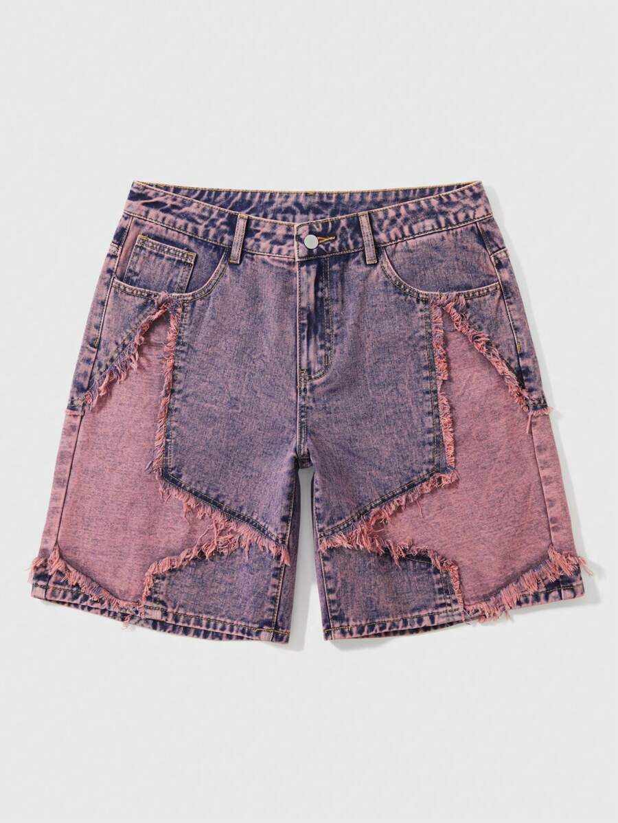 ROMWE MEN Street Life - Pantalones cortos vaqueros casuales versátiles con bolsillo y flecos de estrella de cinco puntas para hombre