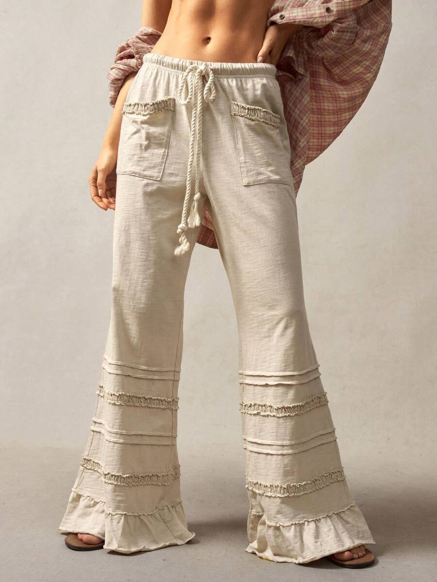 Pantalones de punto acampanados de cintura alta de color liso estilo bohemio Bohemela, primavera-verano