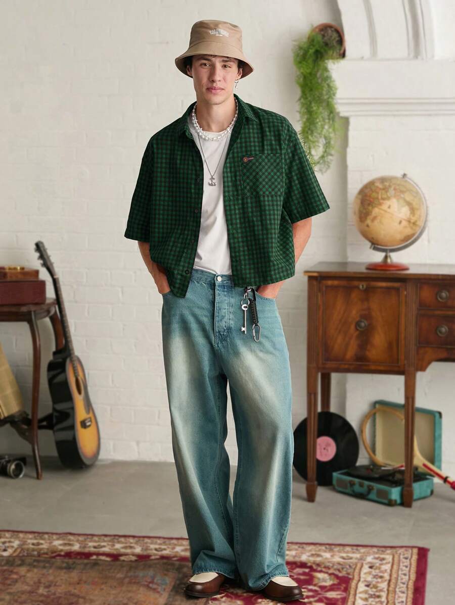 Camisa holgada de manga corta a cuadros para hombre de SWAVVY, corte cuadrado, Y2K