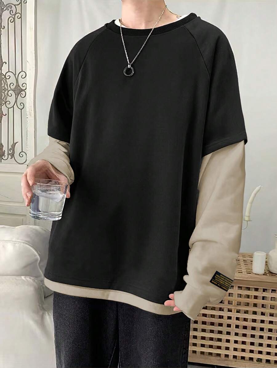 Sudadera informal 2 en 1 de manga raglán larga con parches de letras y bloques de color para hombre de Manfinity Hypemode, para salir