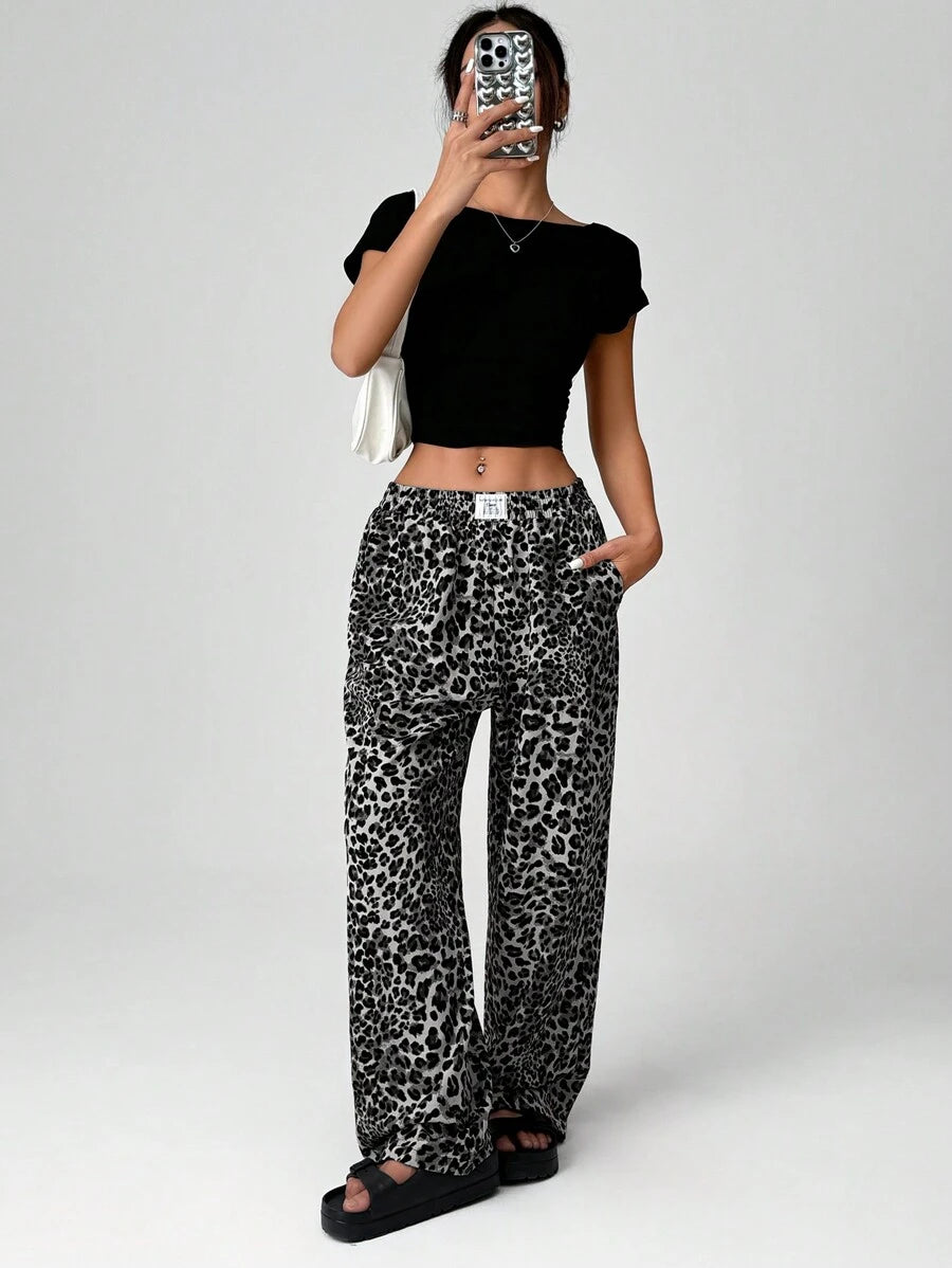Pantalones anchos de tejido con estampado de leopardo EZwear para mujer