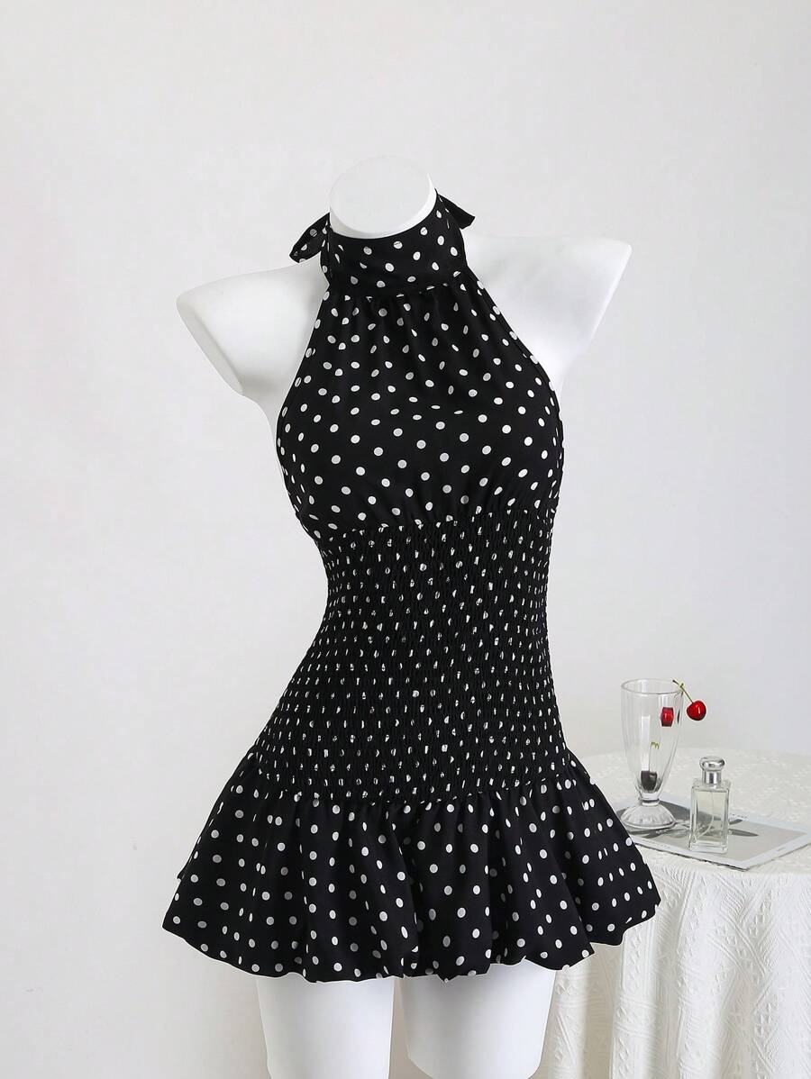 Vestido mini de lunares Elamini con cuello alto, cintura alta, abertura en la espalda, bajo anudado y volantes en contraste. Elegante y romántico para playa, salidas diarias y citas.