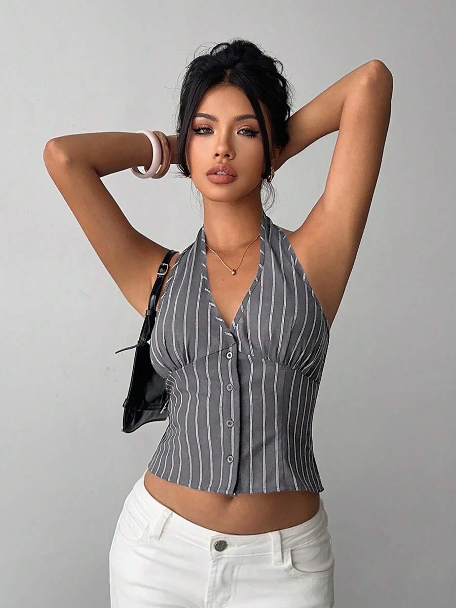 Blazer fino Aloruh de algodón a rayas con cuello alto y botonadura sencilla para mujer