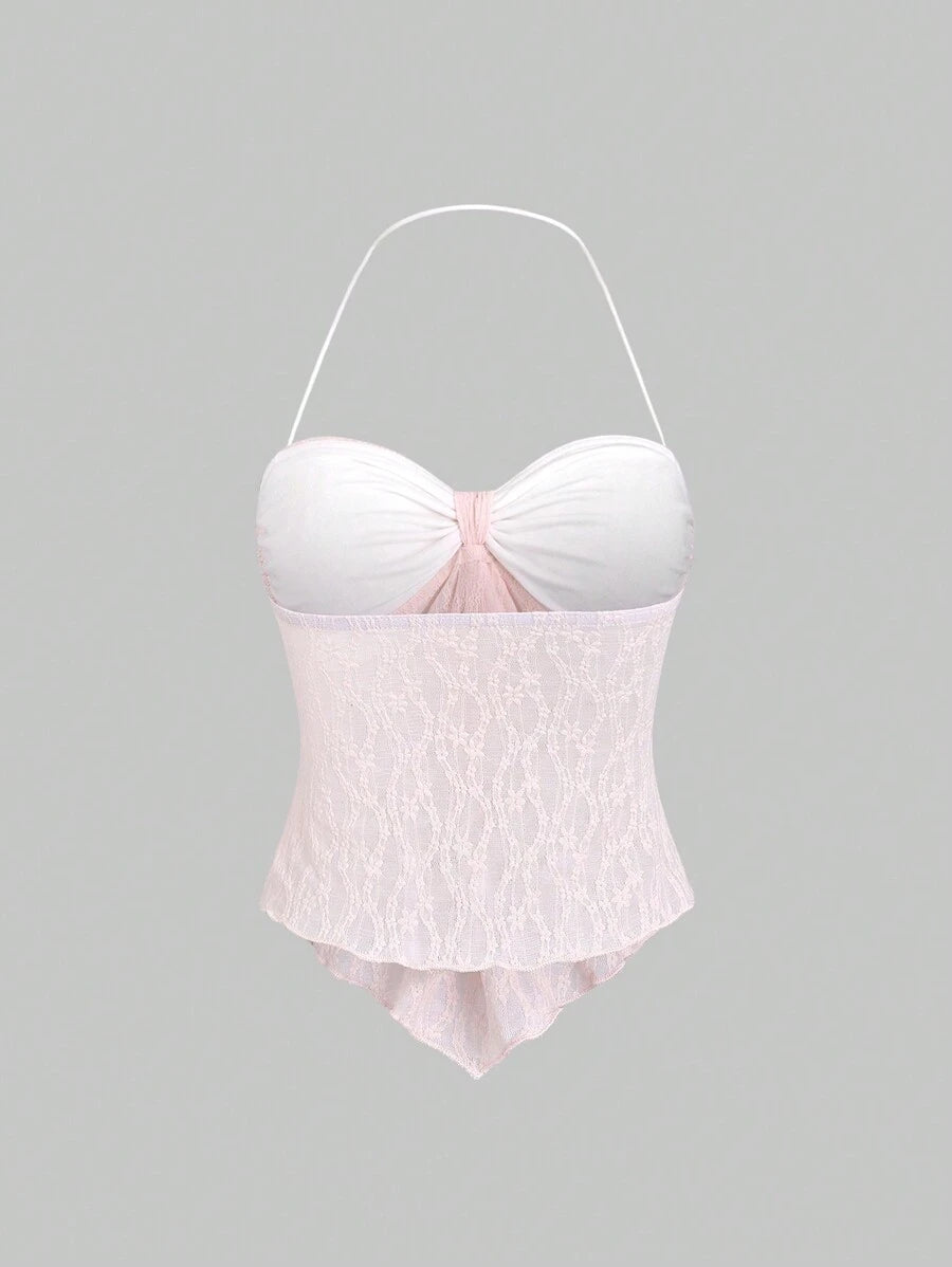 Sweetra - Top corto de verano para mujer con cuello halter y lazo frontal liso, estilo Y2K