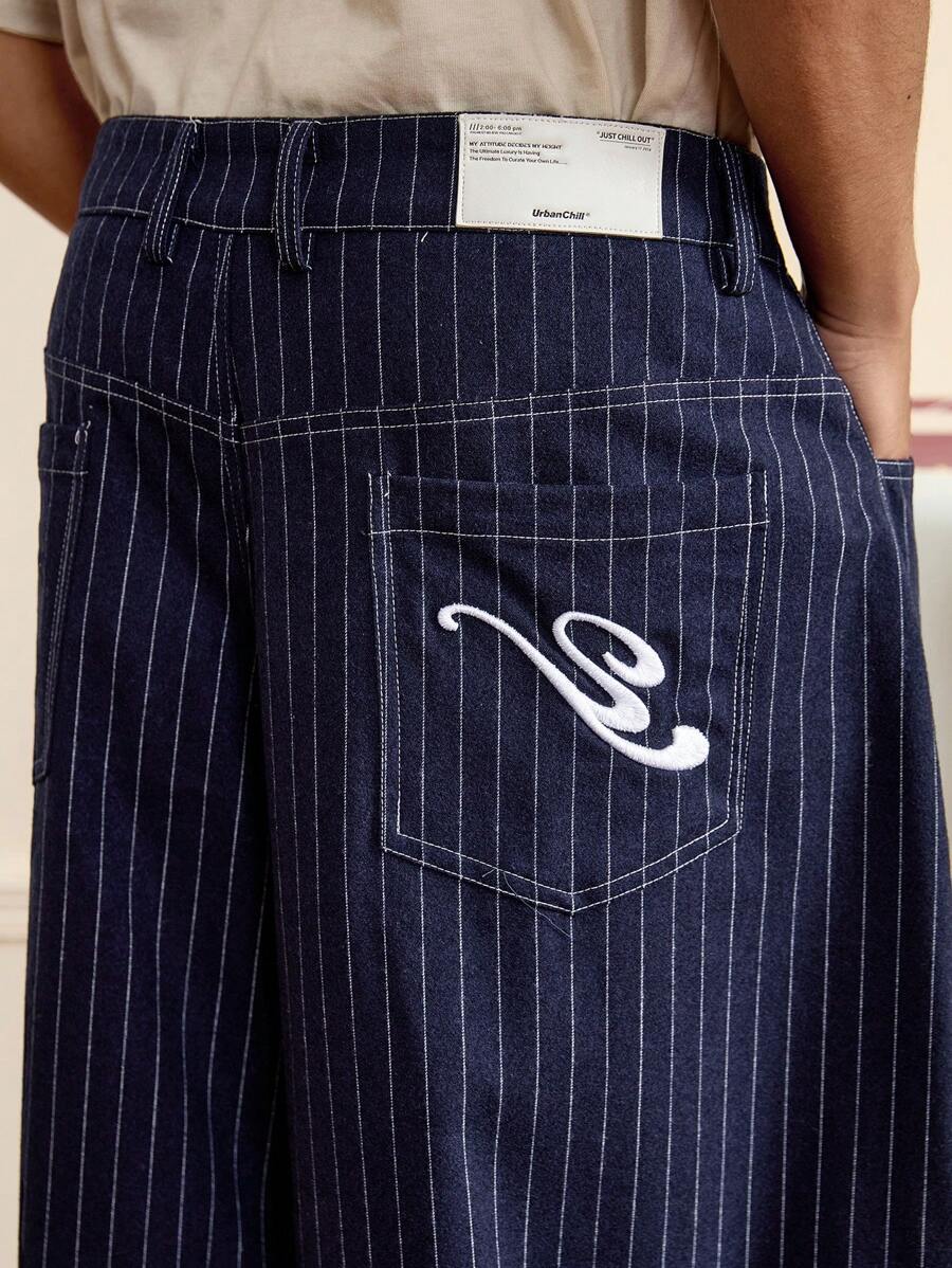 Pantalones holgados SWAVVY informales de gran tamaño con rayas azules y letras 3D bordadas para hombre, ideales para el verano y la escuela.