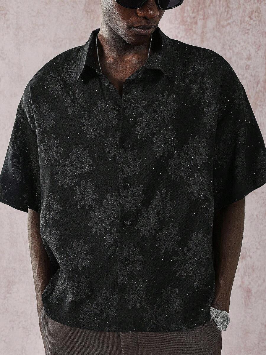 Camisa holgada de manga corta con estampado floral de jacquard de verano para hombre de Manfinity Streetrush