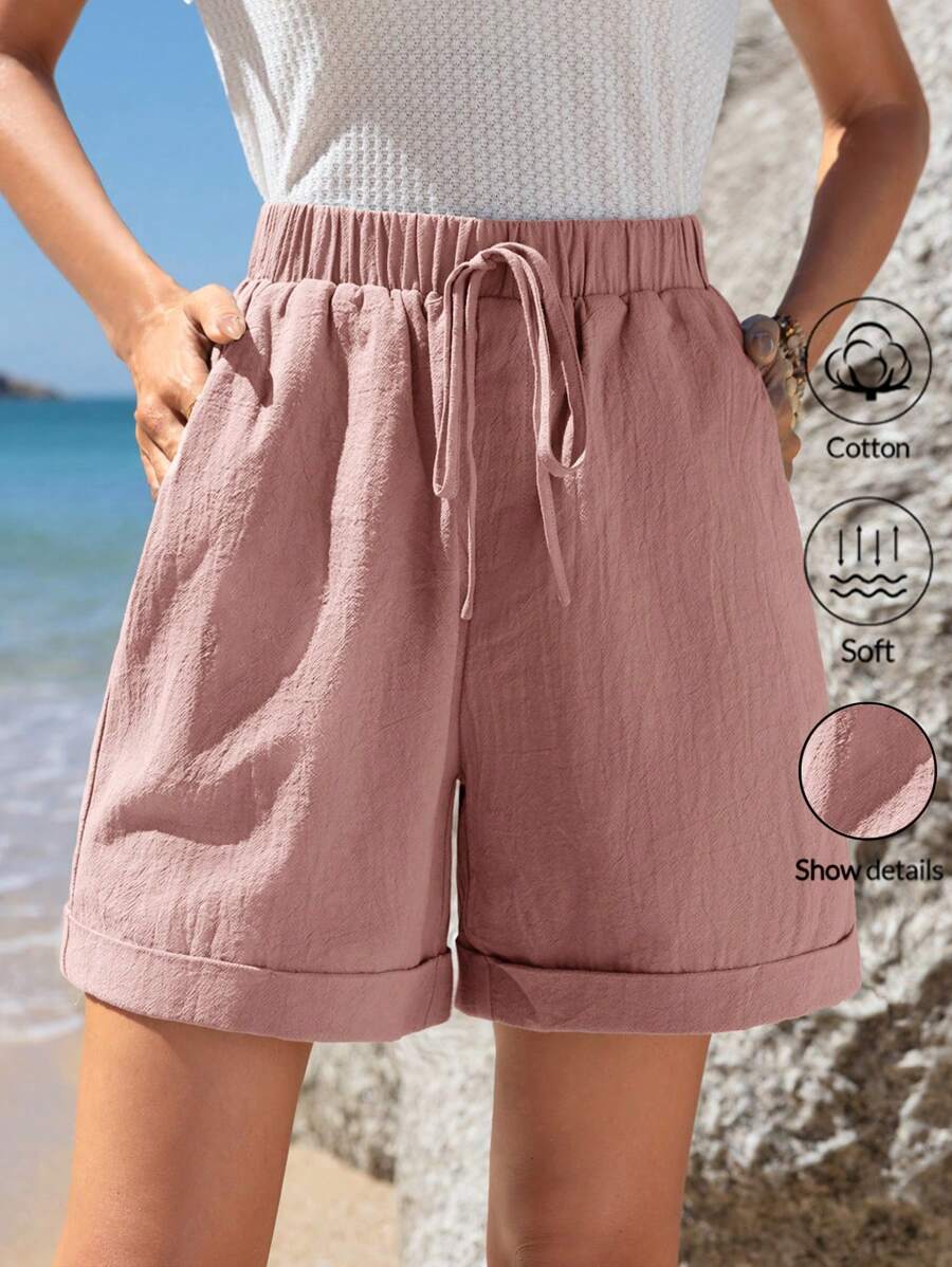 Pantalones cortos informales de verano de algodón verde con cintura elástica, dobladillo enrollado y bolsillos inclinados para mujer de Emery Rose