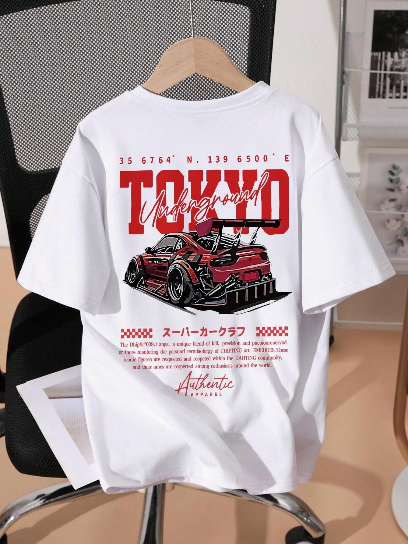 Camiseta de manga corta con estampado de coche, ideal para preadolescentes y estudiantes de verano.