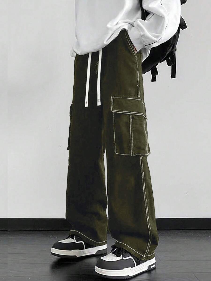 Pantalones cargo rectos Manfinity Hypemode para hombre, informales, con cordón y cintura ajustable, de pierna ancha.