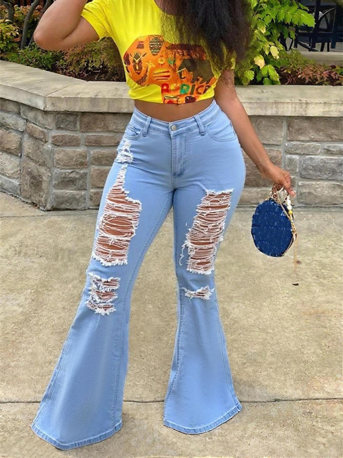 Vaqueros TECCULI para mujer, ajustados, sexys, con bolsillos desgastados y pierna acampanada, de color liso