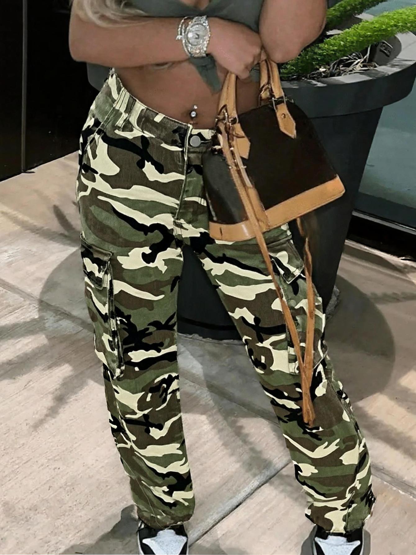 Vaqueros casuales de pierna ancha con camuflaje y bolsillo cargo para mujer TECCULI ICON