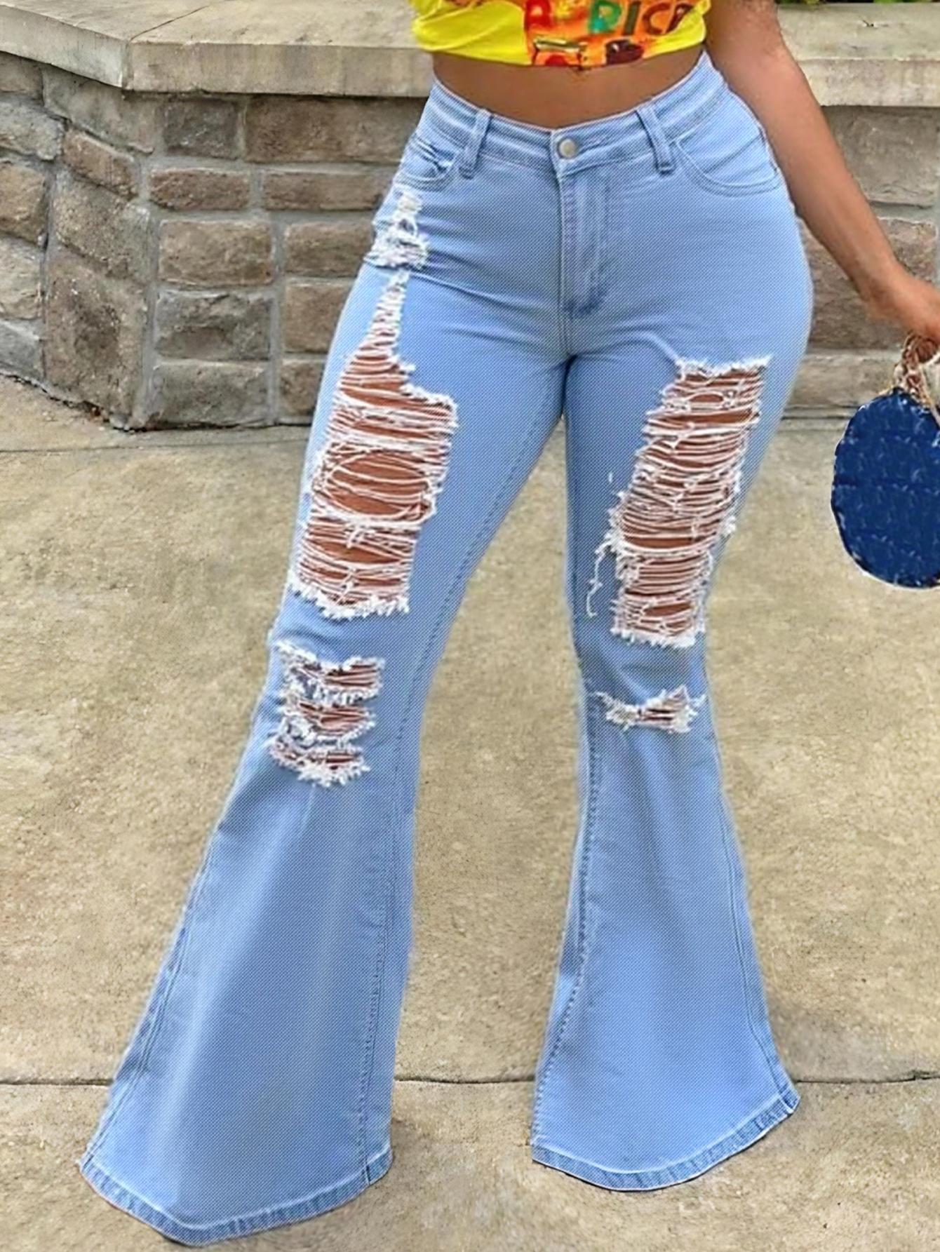 Vaqueros TECCULI para mujer, ajustados, sexys, con bolsillos desgastados y pierna acampanada, de color liso