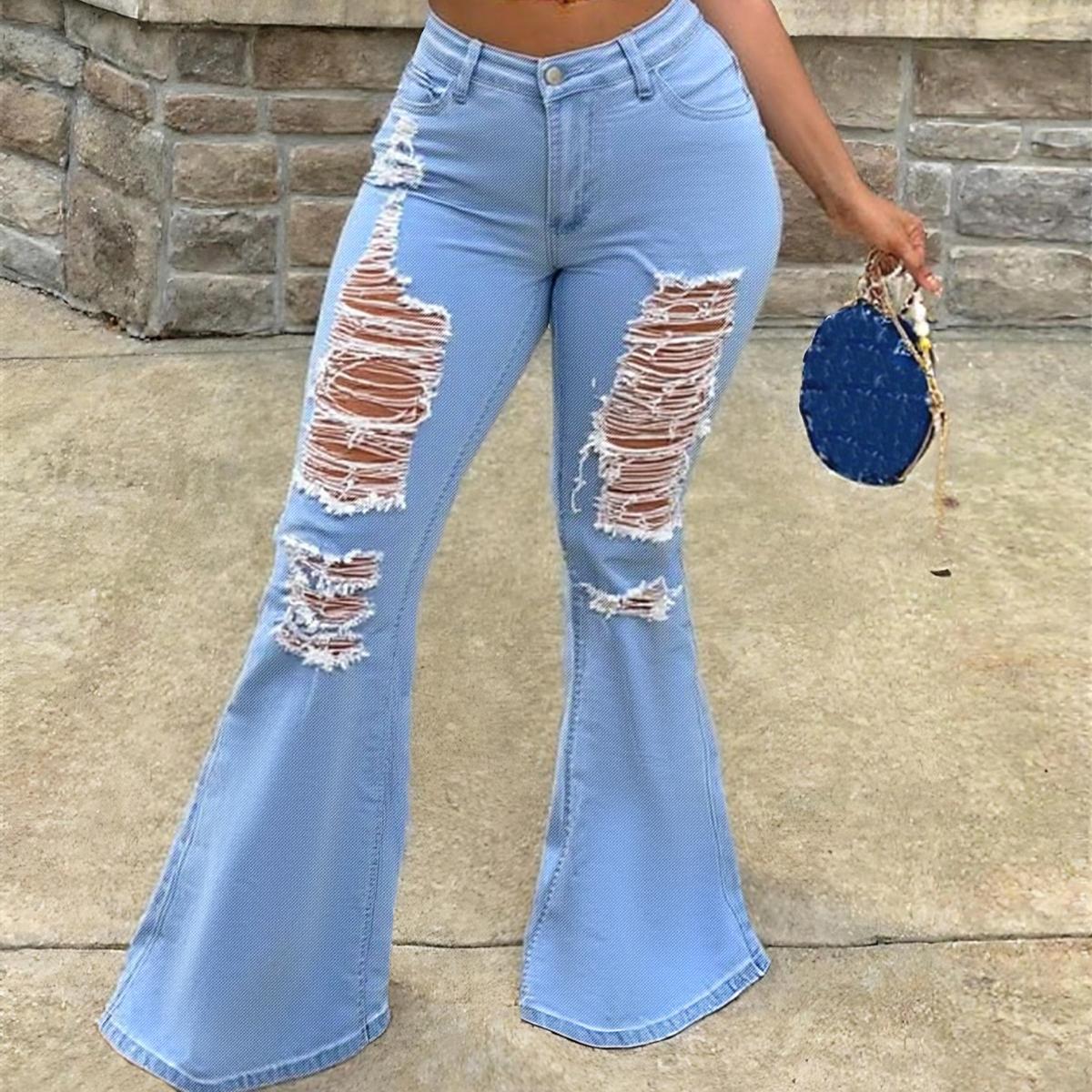 Vaqueros TECCULI para mujer, ajustados, sexys, con bolsillos desgastados y pierna acampanada, de color liso