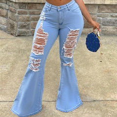 Vaqueros TECCULI para mujer, ajustados, sexys, con bolsillos desgastados y pierna acampanada, de color liso
