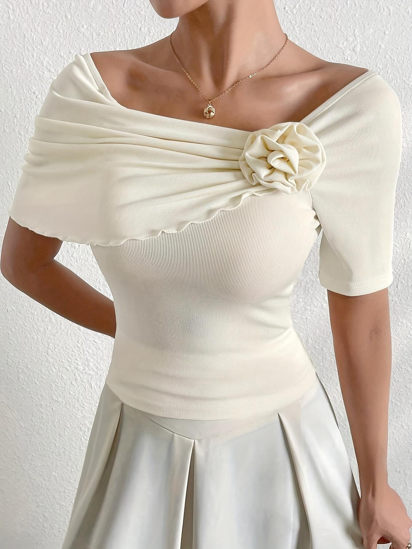 TECCULI Modelyn - Camiseta de verano para mujer, elegante, de manga corta, entallada, de color liso y con adornos florales 3D