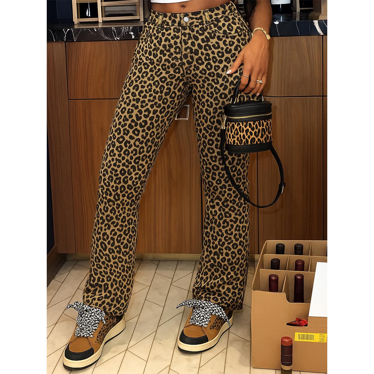 TECCULI New American Hot Girl - Mono de pierna ancha con estampado de leopardo para mujer, nuevo diseño multibolsillos, vaqueros rectos con drapeado
