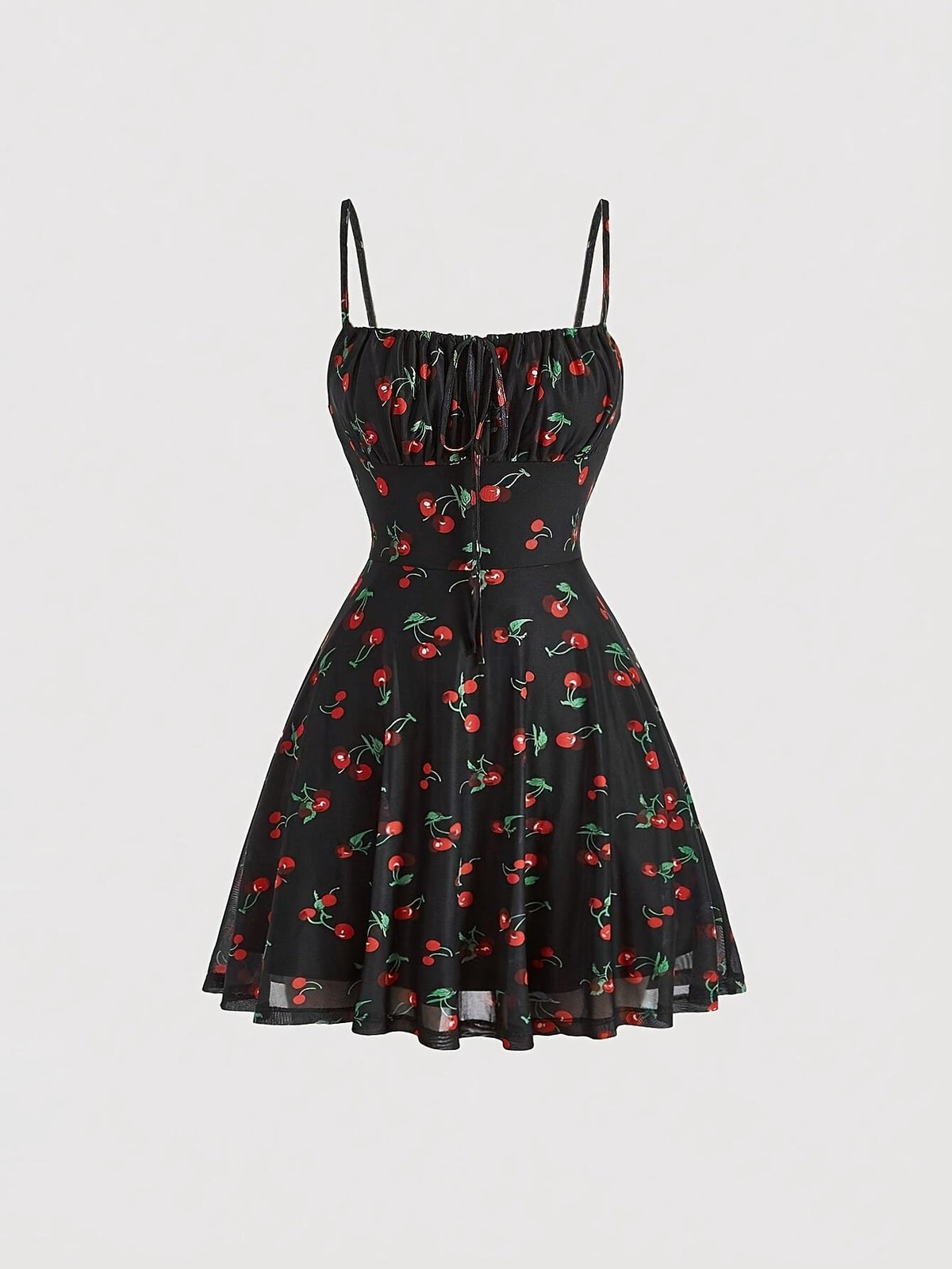 TECCULI MOD Vestido corto de verano estilo pastoral con escote fruncido y estampado de cerezas, vestido de verano para mujer