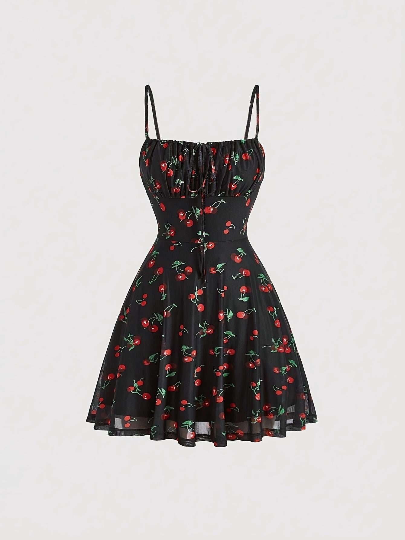 TECCULI MOD Vestido corto de verano estilo pastoral con escote fruncido y estampado de cerezas, vestido de verano para mujer