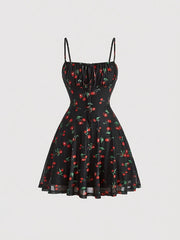 TECCULI MOD Vestido corto de verano estilo pastoral con escote fruncido y estampado de cerezas, vestido de verano para mujer