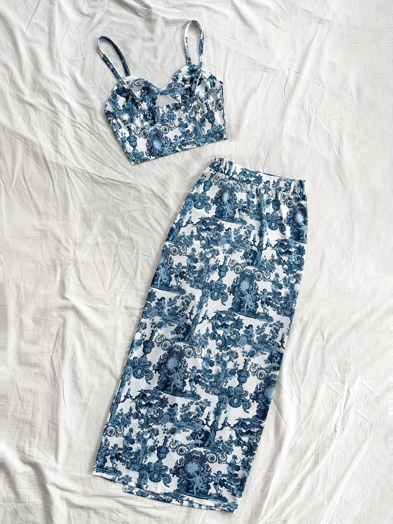 TECCULI PETITE Conjunto de 2 piezas para mujer: camisola con estampado floral y falda midi con cordón ajustable, conjuntos de verano