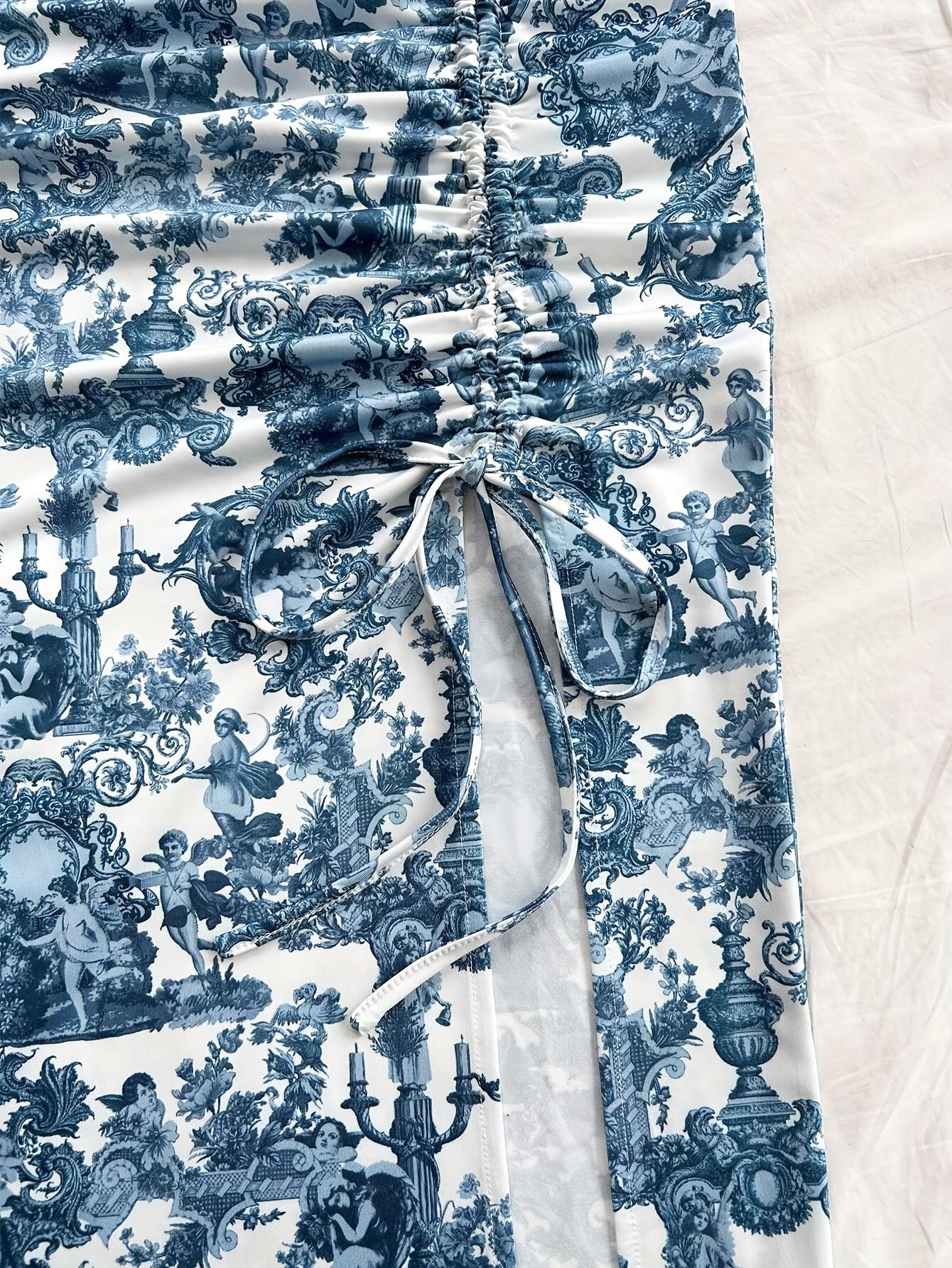 TECCULI PETITE Conjunto de 2 piezas para mujer: camisola con estampado floral y falda midi con cordón ajustable, conjuntos de verano