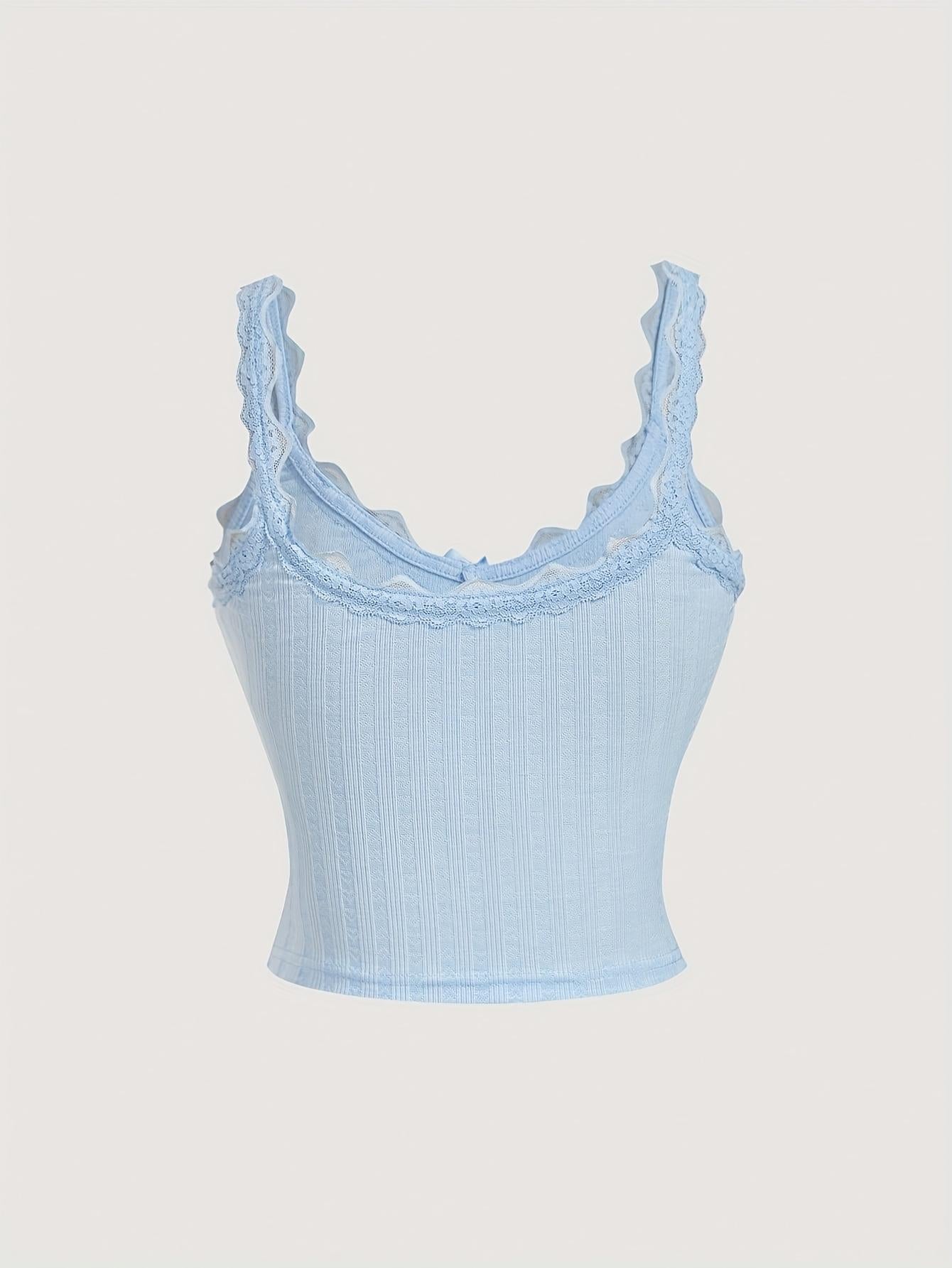 TECCULI MOD - Bonita camiseta azul claro con lazo de encaje plisado de patchwork, camiseta sin mangas azul claro, otoño, top con lazo, bonita camiseta escolar, top para la vuelta al cole