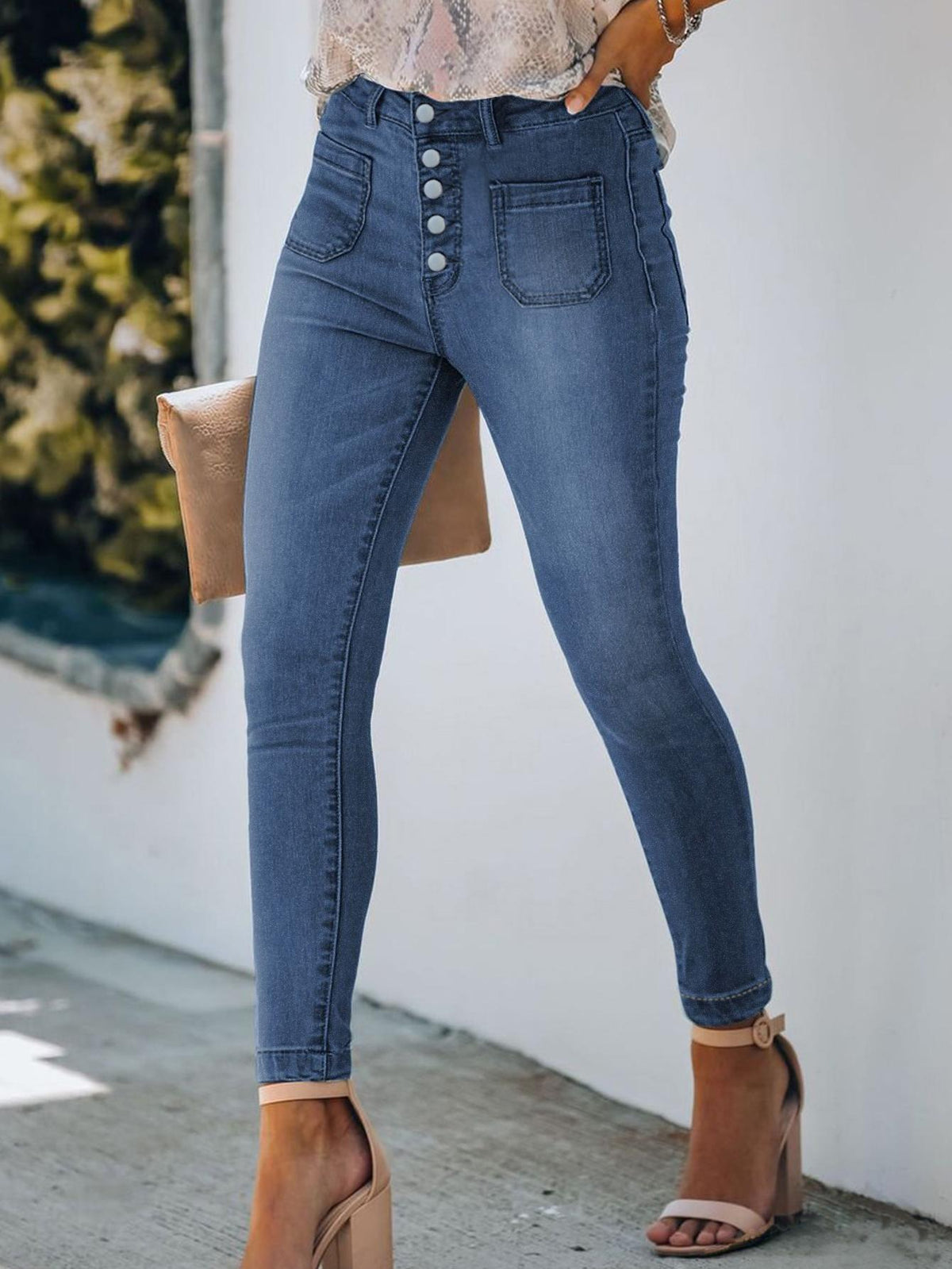 TECCULI - Vaqueros clásicos elásticos de cintura alta para mujer, con 5 botones y efecto push up, levanta cola