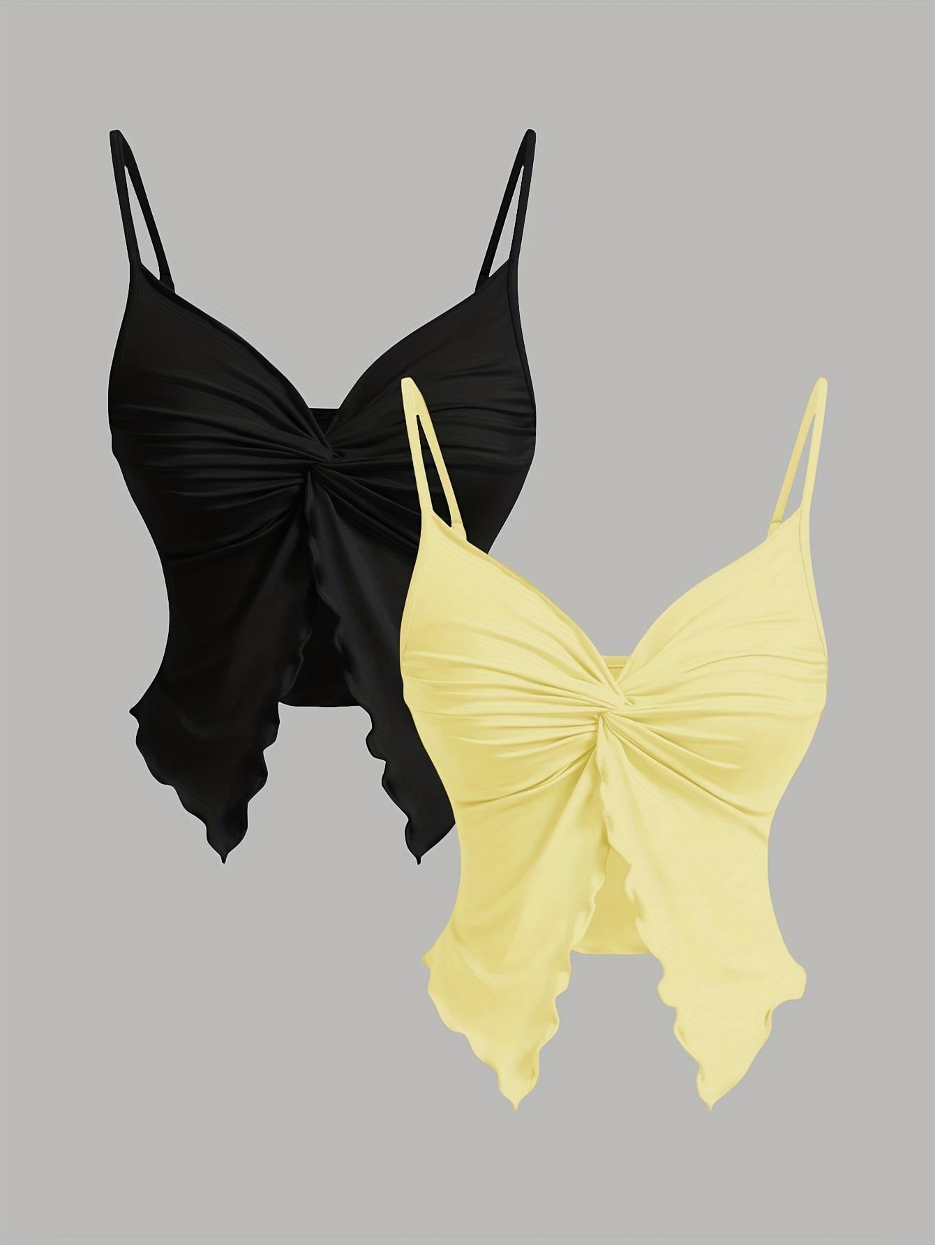 TECCULI MOD - Camisola de tirantes con abertura frontal y dobladillo retorcido de color liso para mujer, tops de verano, top camisola, tops bonitos, top sin mangas en blanco y negro, tropical, gyaru, sin espalda, sexy, coqueta, top para salir