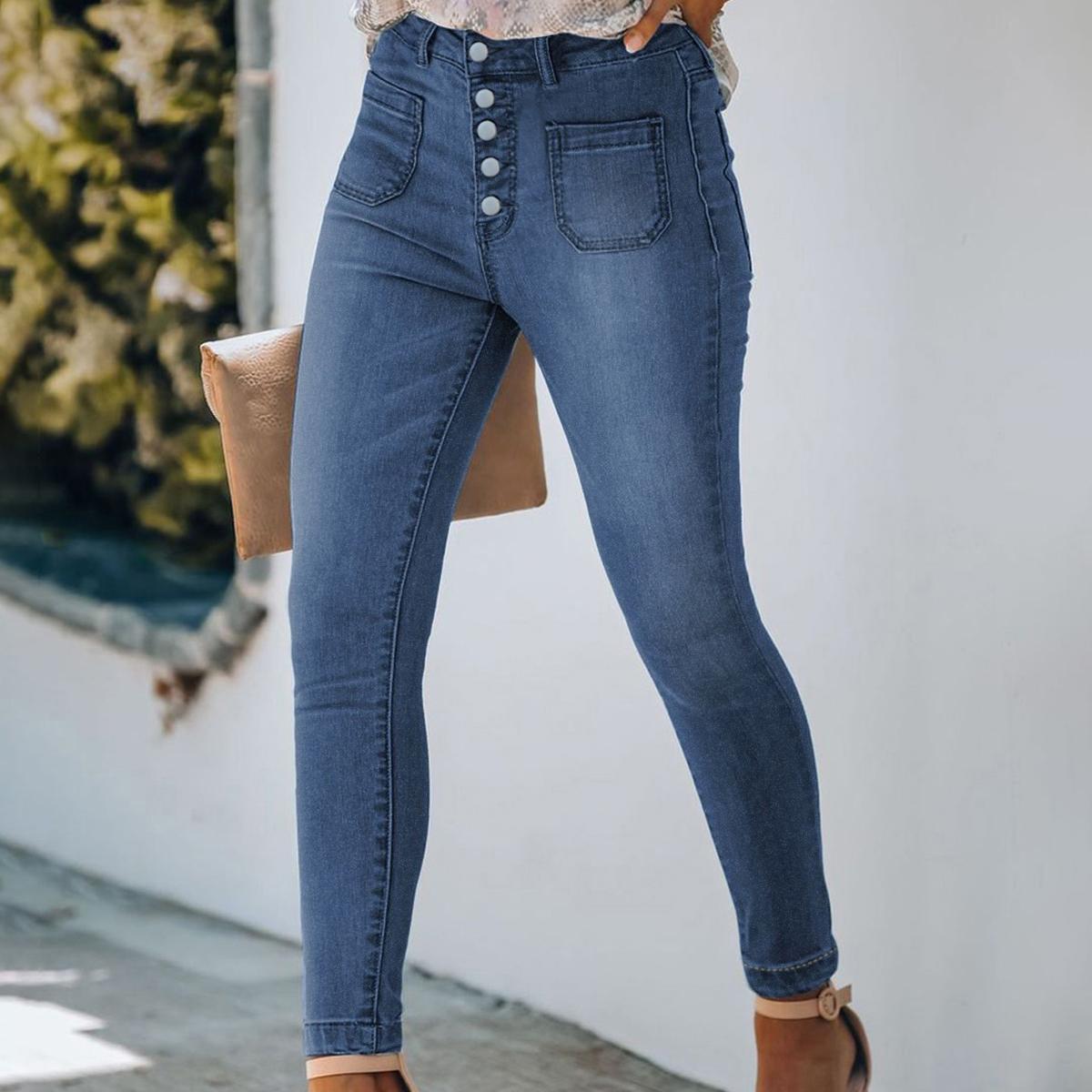 TECCULI - Vaqueros clásicos elásticos de cintura alta para mujer, con 5 botones y efecto push up, levanta cola