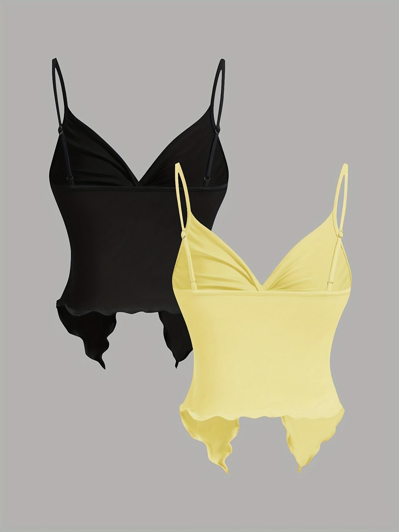 TECCULI MOD - Camisola de tirantes con abertura frontal y dobladillo retorcido de color liso para mujer, tops de verano, top camisola, tops bonitos, top sin mangas en blanco y negro, tropical, gyaru, sin espalda, sexy, coqueta, top para salir