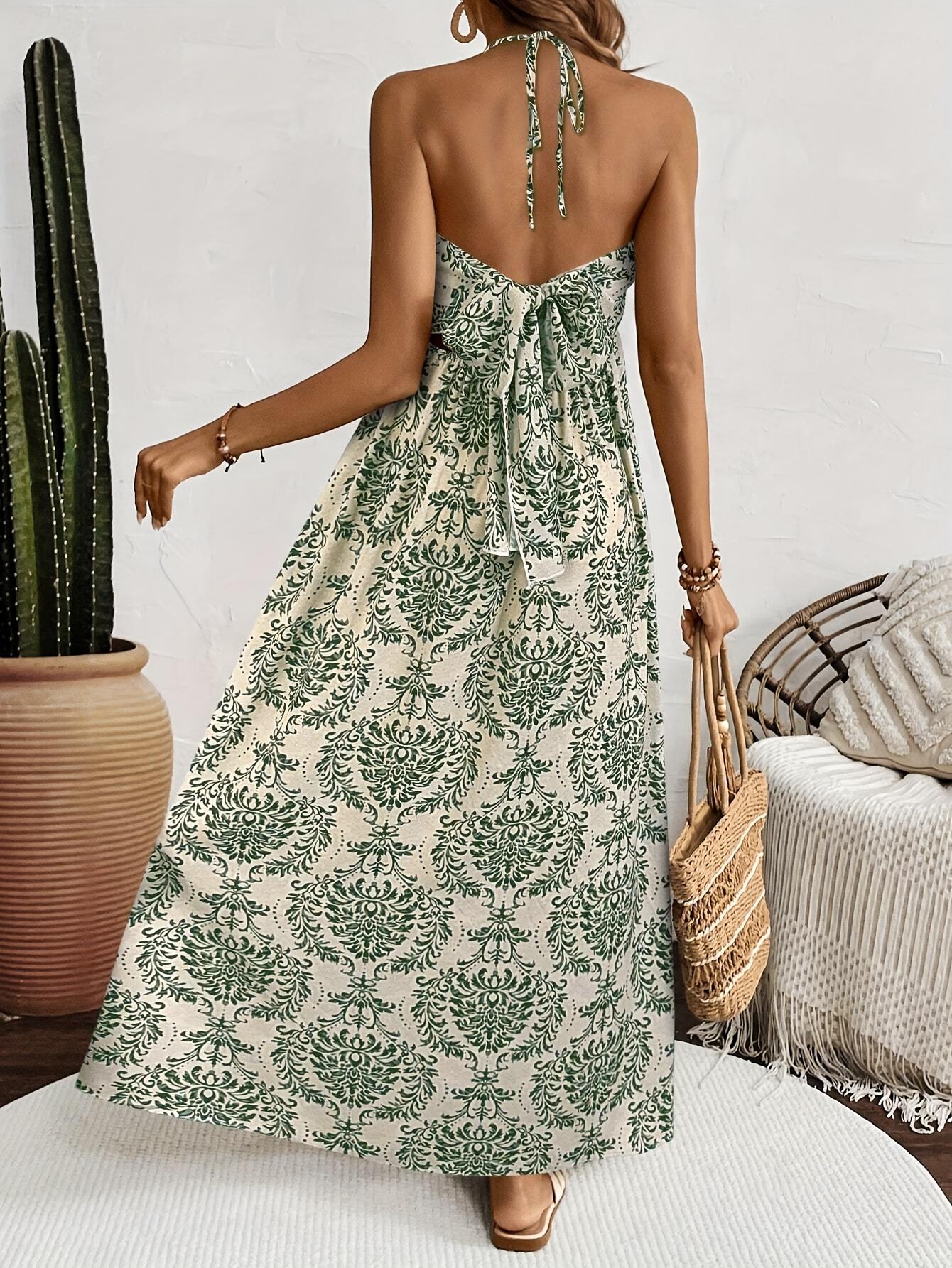 Vestido premamá informal con cuello halter, espalda descubierta y estampado completo para vacaciones TECCULI