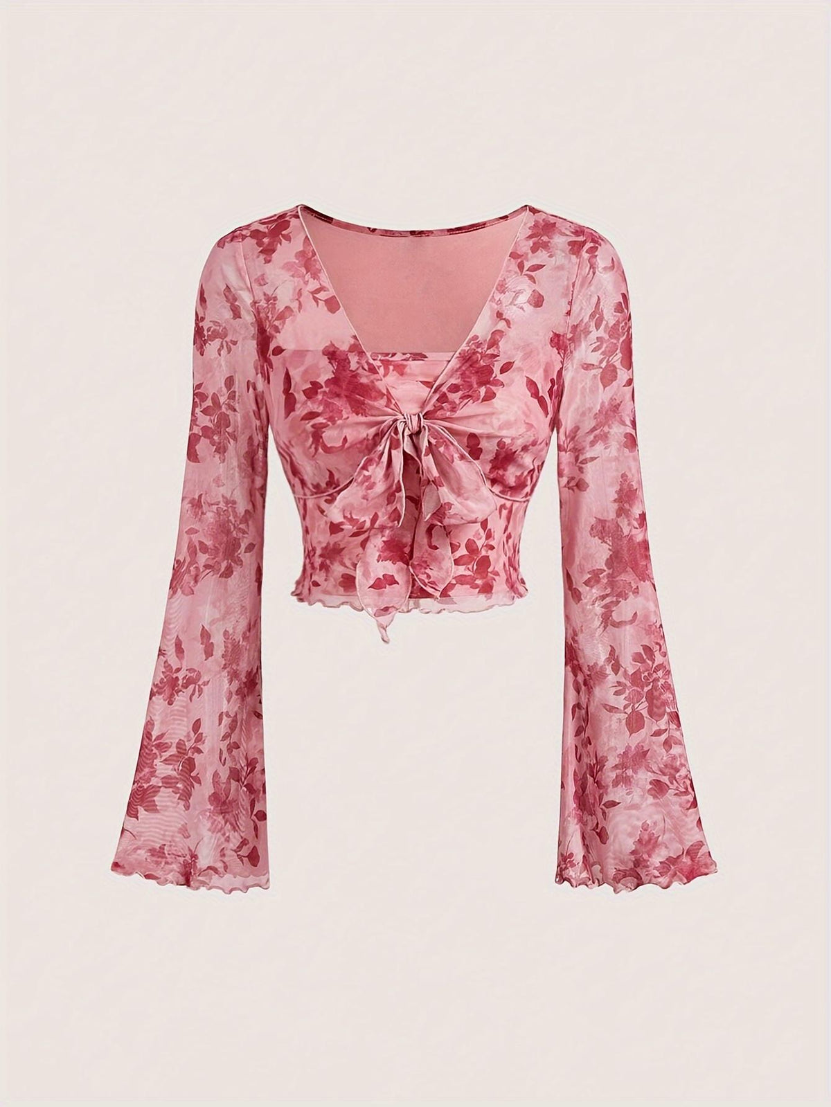 TECCULI MOD Camiseta 2 en 1 con lazo y mangas acampanadas para mujer, estilo vintage, para Halloween, para otoño, estilo campestre, para salir, vintage, de los 90, de manga larga.